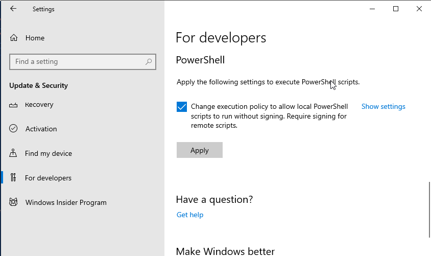 Image of Windows settings allowing unsigned powershell scripts to
run