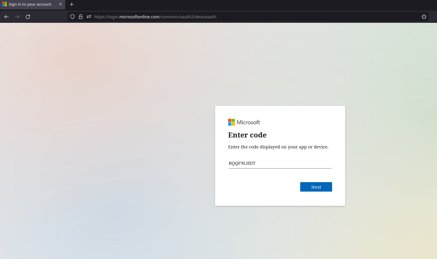 Microsoft.com/devicelogin with code