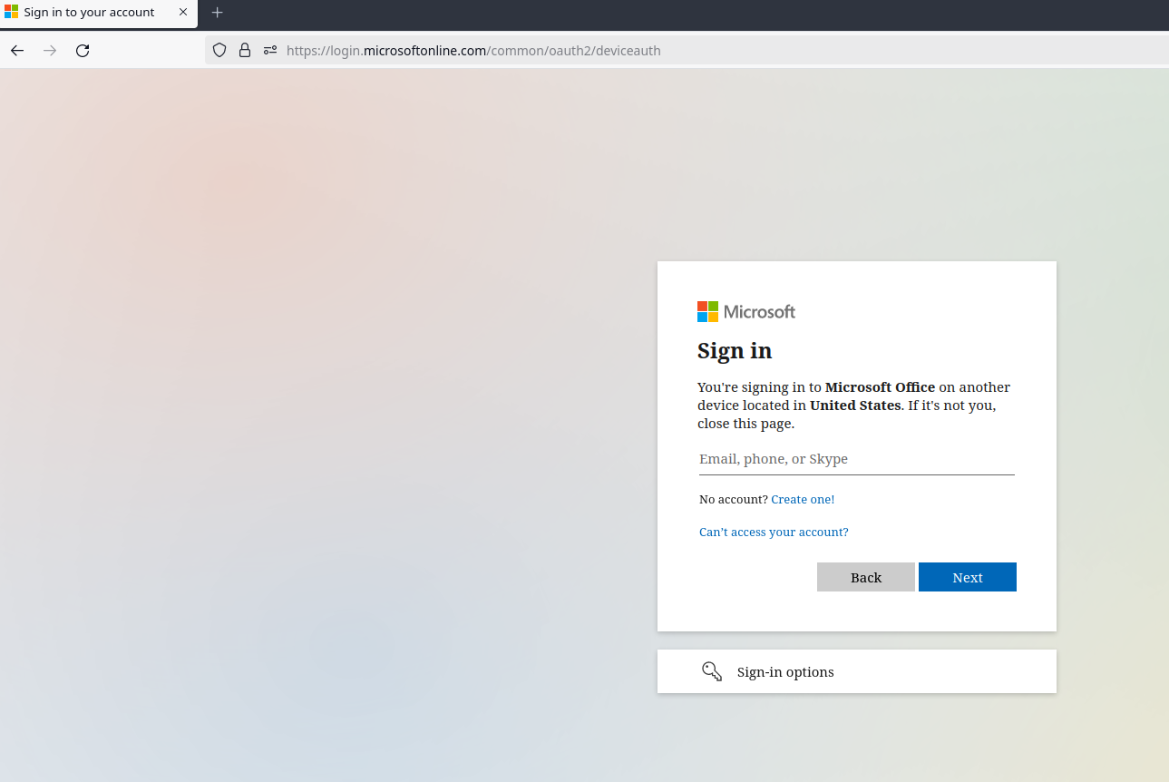 Microsoft.com/devicelogin asking for account name
