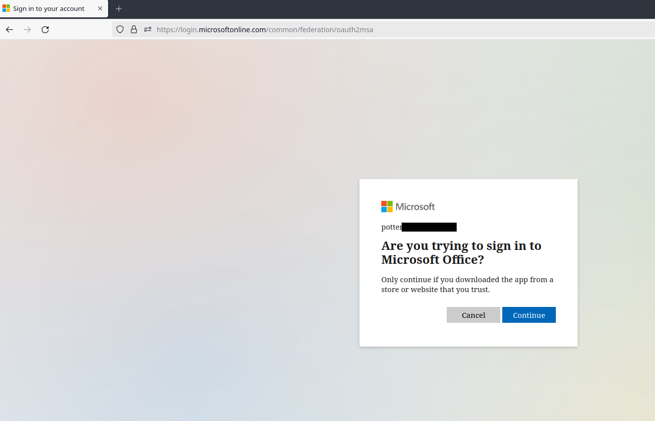 Microsoft.com/devicelogin prompting to continue or cancel login